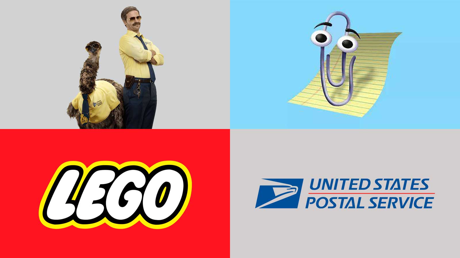 Liberty Mutual’s LiMu Emu & Doug and Microsoft’s Clippy, lego logo and USPS logo, links to pop icon site