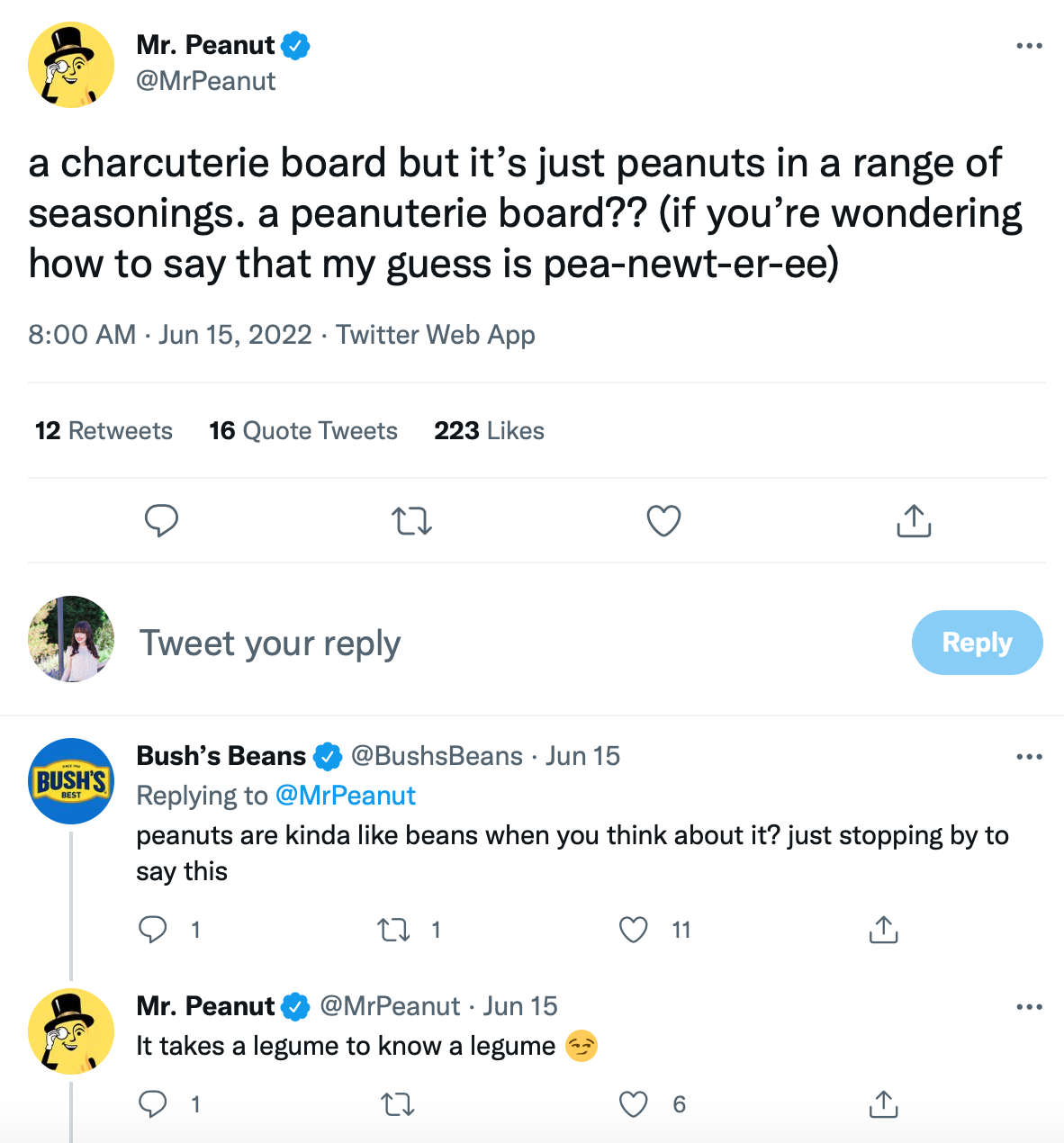 mr peanut and bush beans conversation on twitter