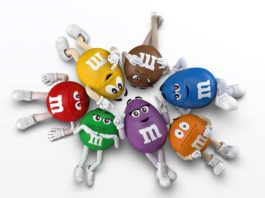 A photo of 6 M&M's mascots including the latest, Purple